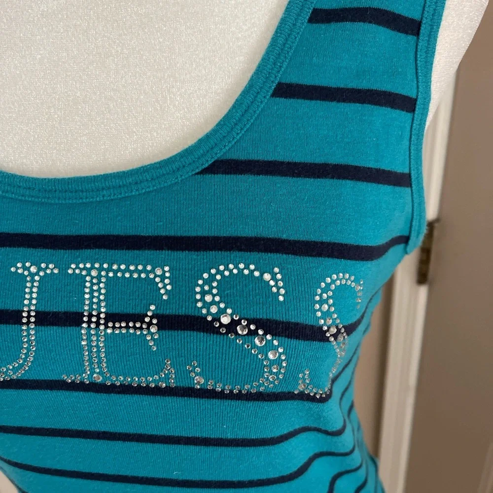 Guess dark teal & black striped tank top with rhinestone logo. Size XL. - Picture 3 of 8